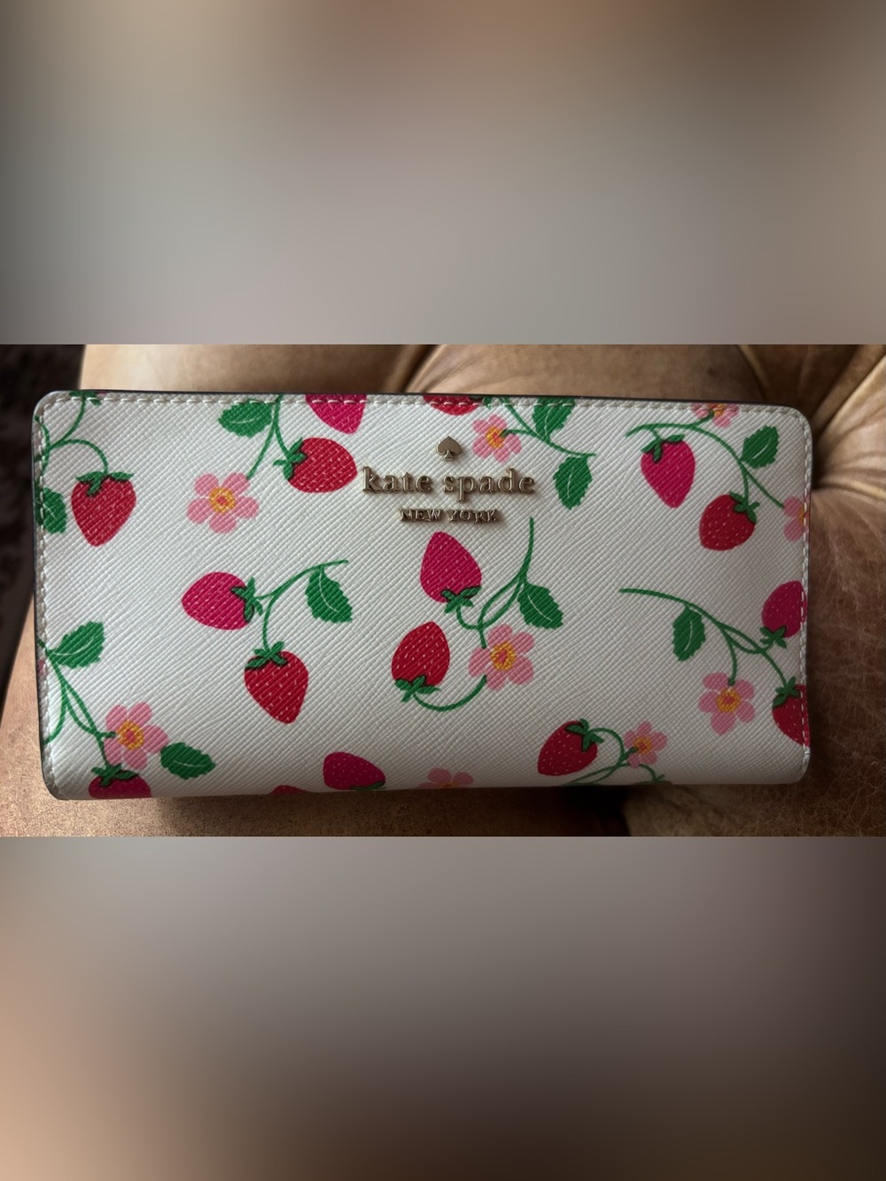 kate spade White Strawberry Print Wallet with Gold Logo